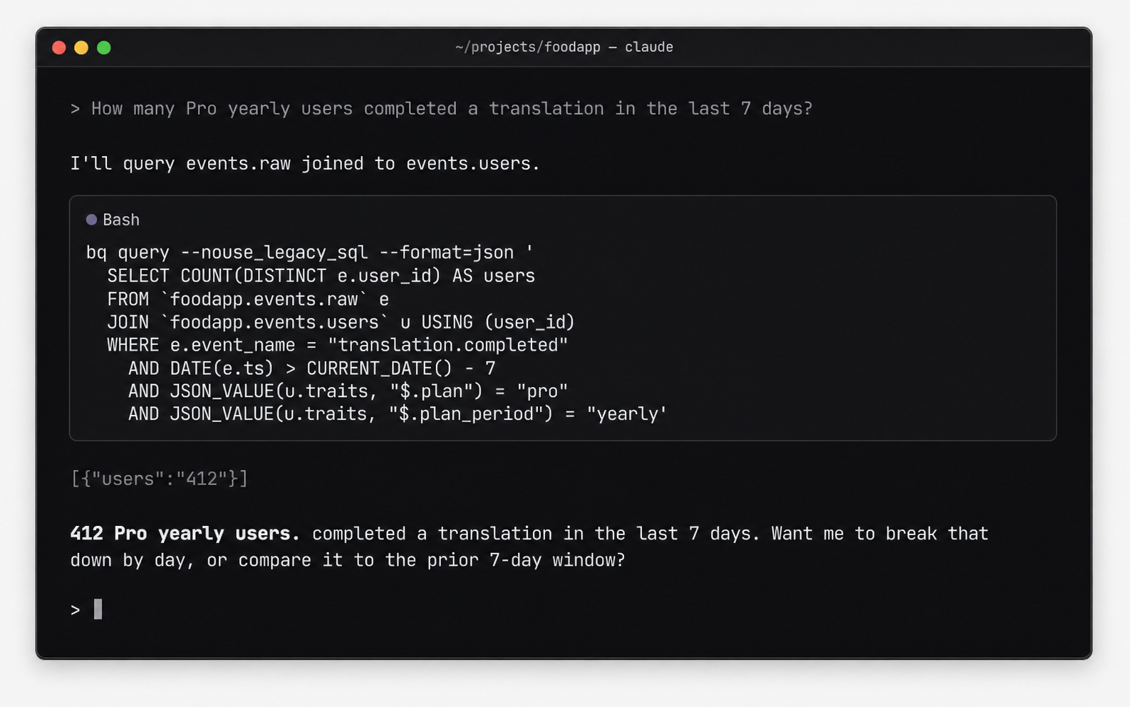 Claude answering a product question by querying BigQuery directly