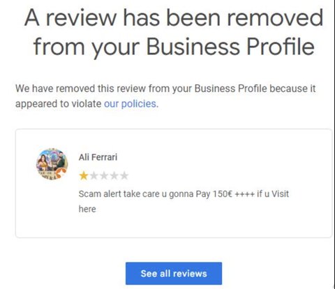 Review removal confirmation for Ali Ferrari