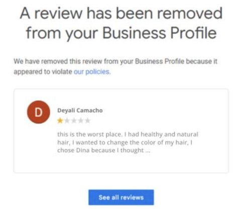 Review removal confirmation for Deyali Camacho