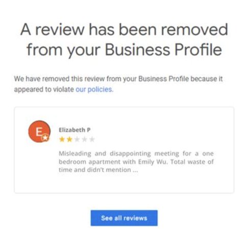 Review removal confirmation for Elizabeth P