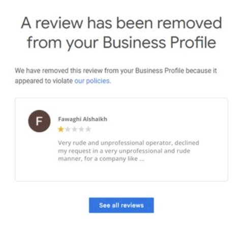 Review removal confirmation for Fawaghi Alshaikh
