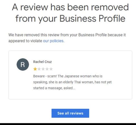 Review removal confirmation for Rachel Cruz