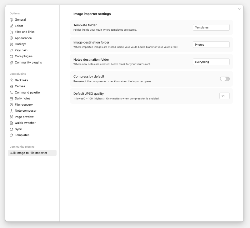 Example of what the settings looks like Bulk Image Importer Settings Menu
