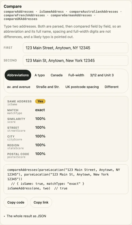 The compare panel showing native similarity and field differences for two addresses