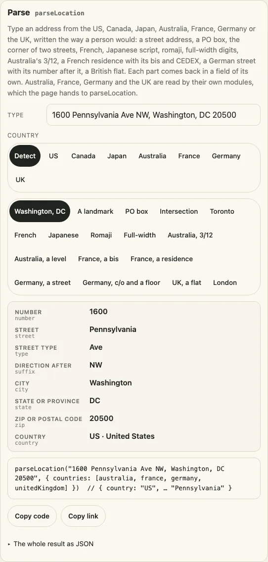 The parse panel showing structured fields for a US address