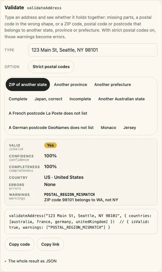 The validation panel showing known postal-region findings