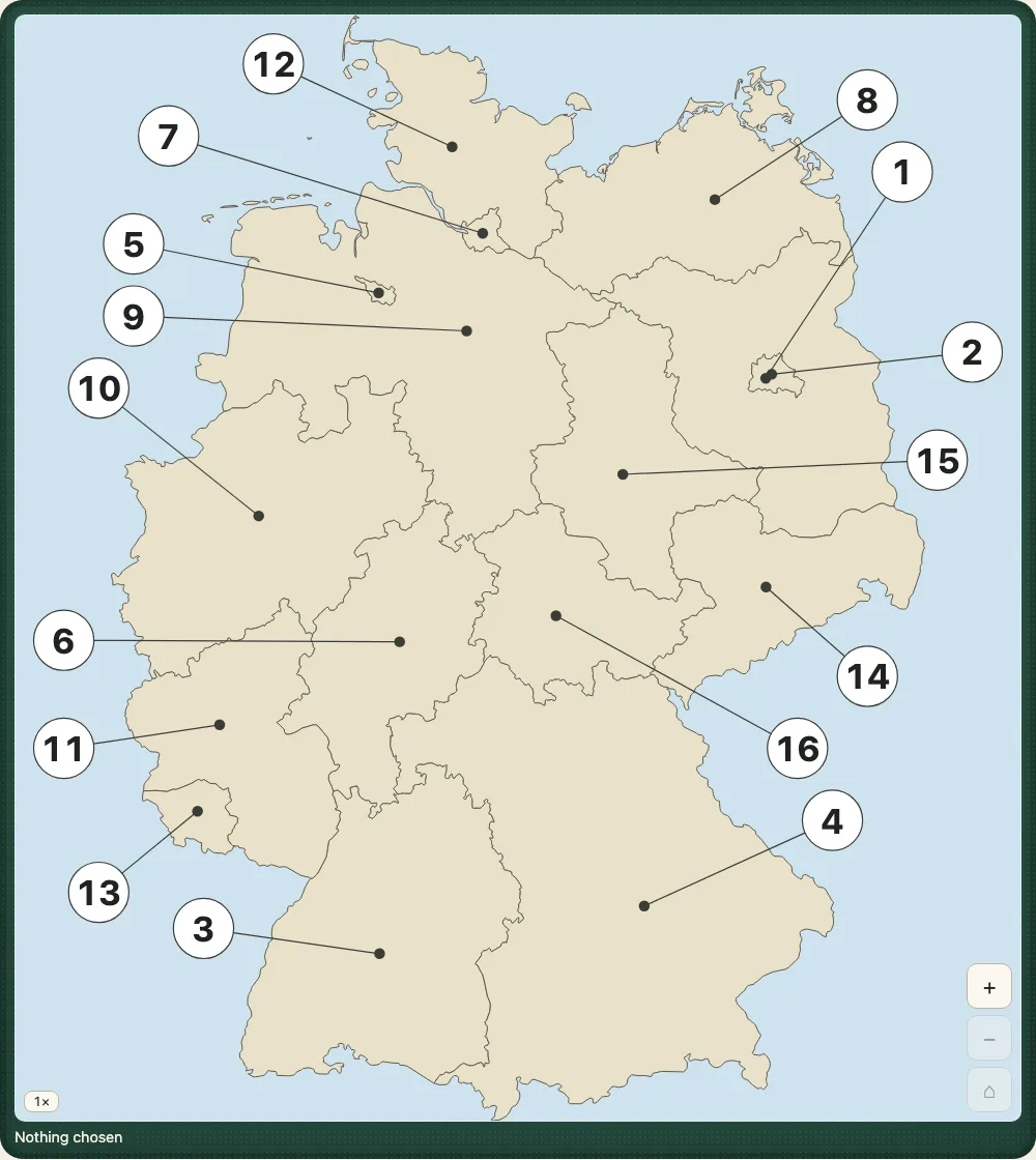 The demo's Callouts mode on a desk: Germany's sixteen states with a numbered circle for each in the sea or the margin, numbered 1 to 16, and a thin leader line from each circle to a dot on its state, none crossing