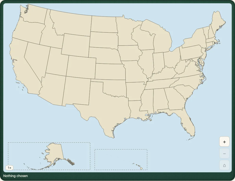 The fifty states of the United States in the demo on a desk: the lower forty-eight drawn large, with Alaska and Hawaii each in a dashed box of their own under the south-west, and the zoom buttons in the corner