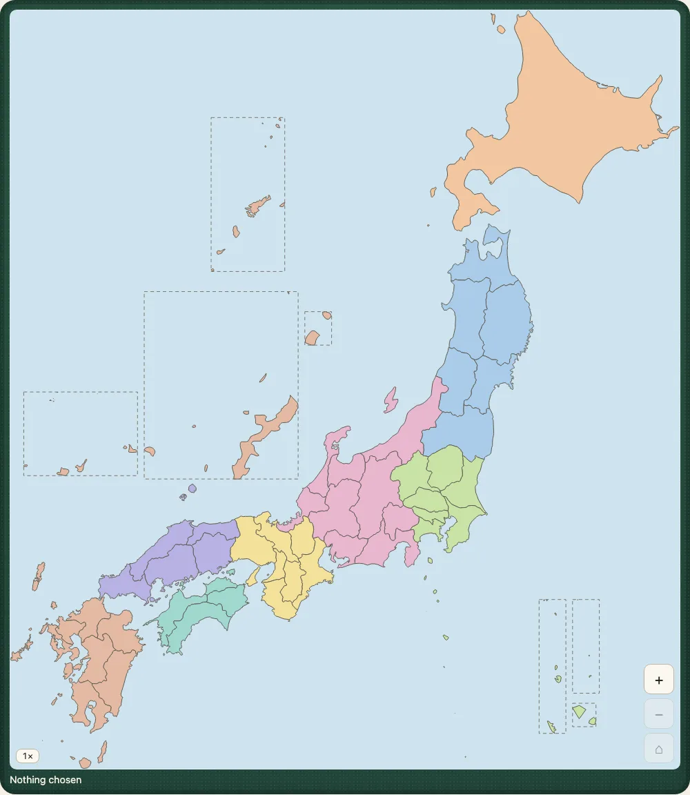 Japan's 47 prefectures in the demo's Colour mode on a desk, each of the eight regions in a colour of its own from Hokkaido in the north-east to Kyushu in the south-west, Okinawa's main islands large in a dashed box in the Sea of Japan with the Sakishima, Daito and Amami Islands in boxes round it, and Tokyo's far islands in three small boxes at the bottom right