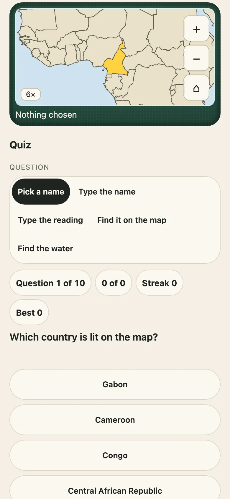 The demo's Quiz mode on a phone: a world map at 6× with the Central African Republic lit in yellow among its neighbours, the four kinds of question with Pick a name chosen, the chips Question 1 of 10, 0 of 0, Streak 0 and Best 0, the question Which country is lit on the map, and four buttons: South Sudan, Central African Republic, Congo - Kinshasa, Chad