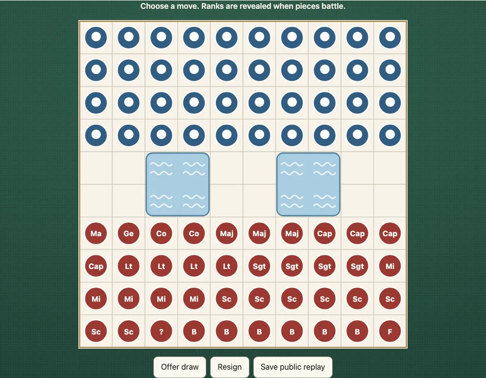A 10×10 Hidden Capture Flag board: red's forty pieces in four rows labelled Ma, Ge, Co, Maj, Cap, Lt, Sgt, Mi, Sc, B and F, blue's forty as plain discs in the four rows opposite
