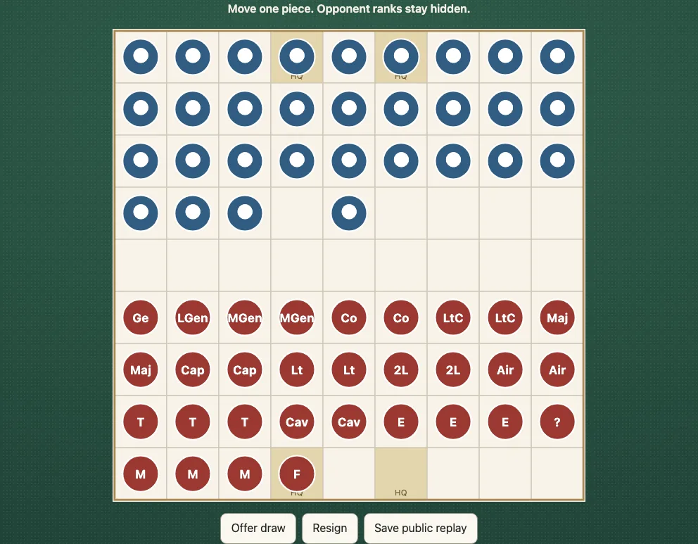 A 9×9 Gunjin Shogi board: red's thirty-one pieces labelled Ge, LGen, MGen, Co, LtC, Maj, Cap, Lt, 2L, Air, T, Cav, E, M and F in four rows, with a headquarters square on each back row, and blue's pieces as plain discs