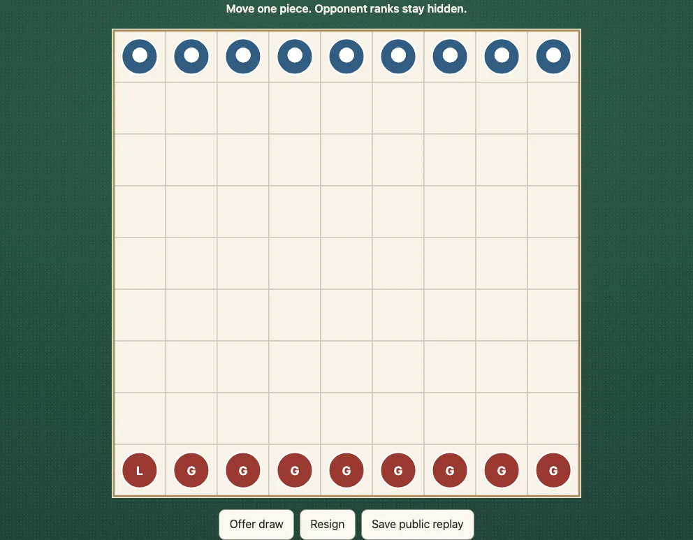 A 9×9 Hidden Hasami board on green felt: red's leader (L) and eight guards (G) along the bottom row, blue's nine plain discs along the top row, and the buttons Offer draw, Resign and Save public replay under it