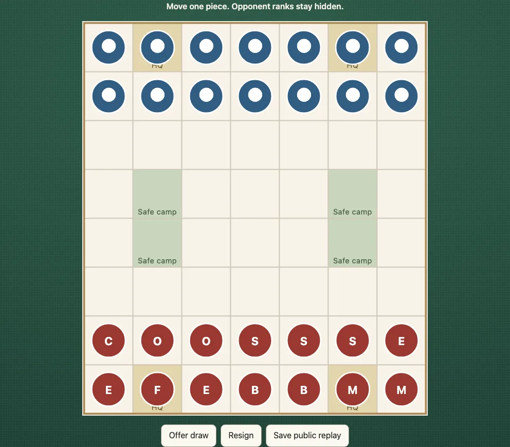 A 7×8 Luzhanqi Mini board: red's fourteen pieces in the two bottom rows with their letters (C, O, S, E, B, M, F) and blue's as plain discs at the top, with two headquarters on each back row and two green safe camps in the middle