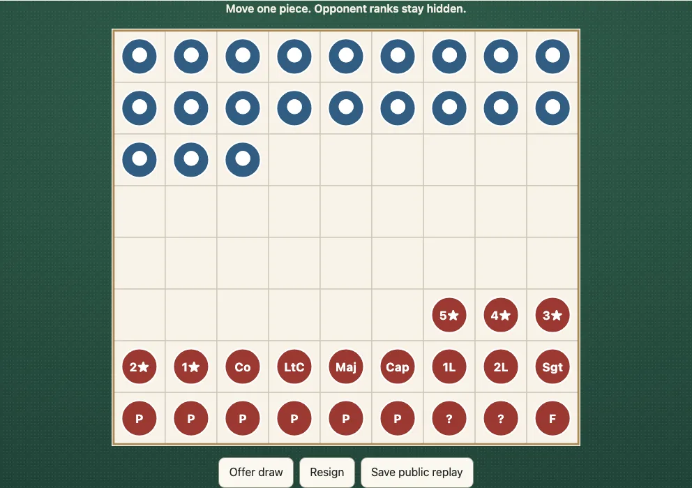 A 9×8 Salpakan Classic board: red's 21 pieces in three rows with ranks such as 5★, Co, Maj, P for private and F for the flag, and blue's 21 pieces as plain discs