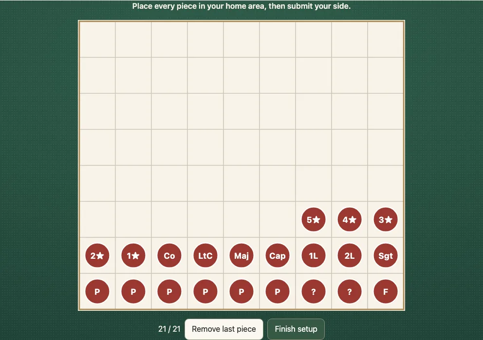 The private setup of Salpakan Classic: all twenty-one of red's pieces placed in the bottom three rows in the order they are dealt, the counter 21 / 21, and the buttons Remove last piece and Finish setup