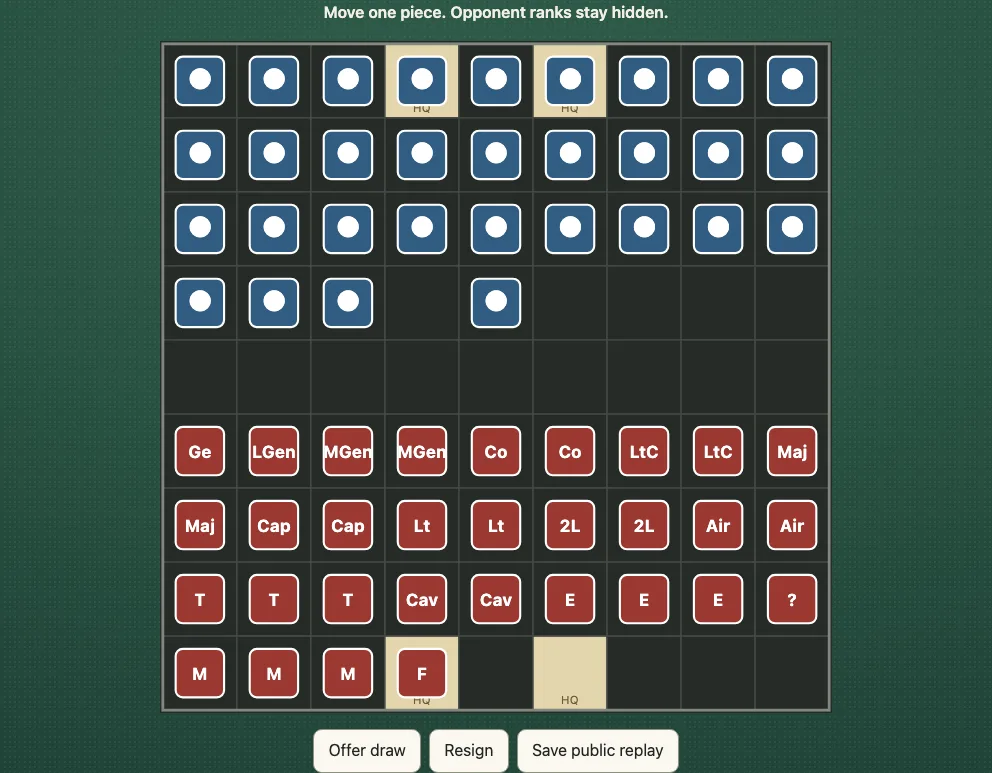 A 9×9 Gunjin Shogi board on the slate material with square tile pieces: red's pieces labelled with their ranks and blue's as plain white-centred tiles