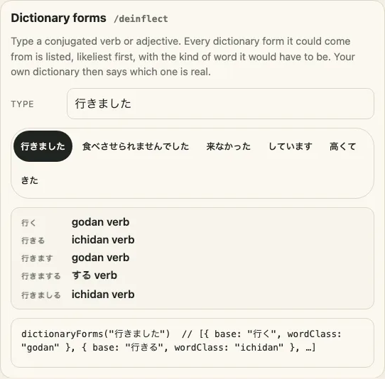 The Dictionary forms panel of the demo on a desk: a box holding 行きました, a row of examples, and the list of dictionary forms it could come from, each with the kind of word it would have to be: 行く godan verb, 行きる ichidan verb, 行きます godan verb, 行きまする suru verb and 行きまし ichidan verb, with the call dictionaryForms("行きました") under it