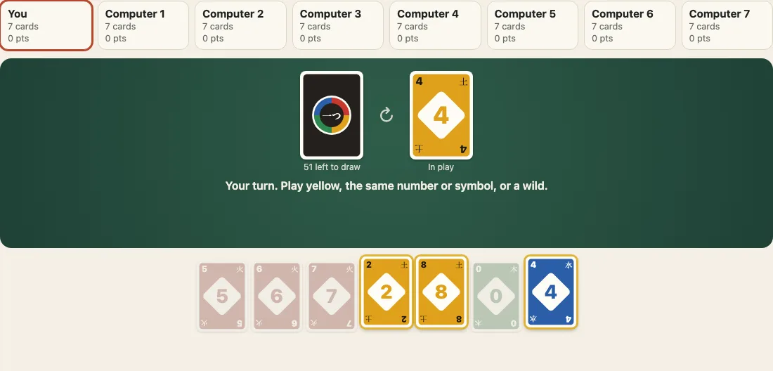 The largest table on a desk: eight seats along the top (You and Computer 1 to 7, each with seven cards and 0 points), the draw stock and a yellow four in play on the green felt, the line Your turn. Play yellow, the same number or symbol, or a wild, and a hand of seven cards with three glowing
