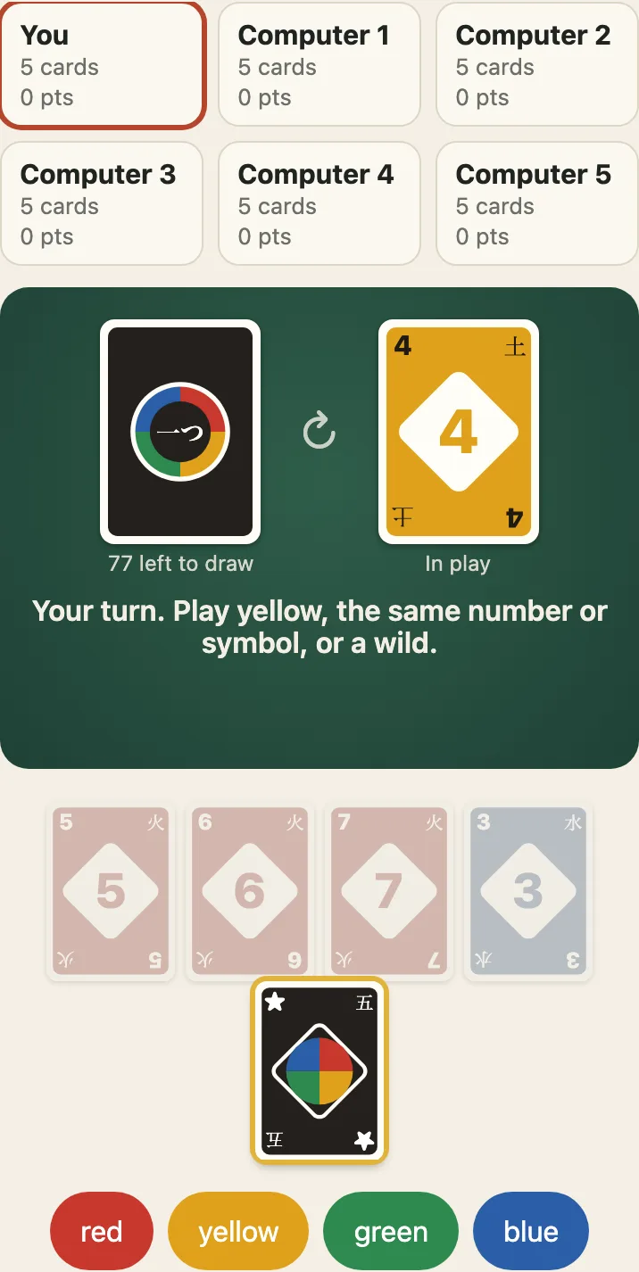 Party mode on a phone, a table of six: the seats in two rows, the draw stock with 77 cards left and a yellow four in play, the status line Your turn, a hand of five cards with the wild draw four glowing, and four round buttons to choose the colour: red, yellow, green and blue