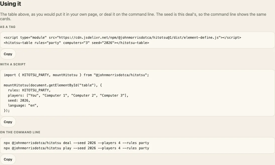 The demo's Using it panel on a desk: the table as a tag with its script line, as a script call to mountHitotsu, and the same deal on the command line, each in a box with a Copy button