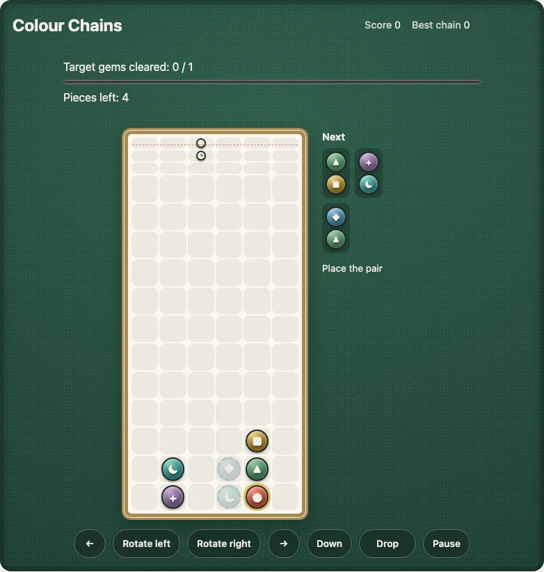 Arashi challenge 1 on a desk: a Colour Chains well with a few gems at the bottom and a pair at the top, the objective Target gems cleared 0 / 1 with a progress bar, Pieces left: 4, and the Next pair beside it