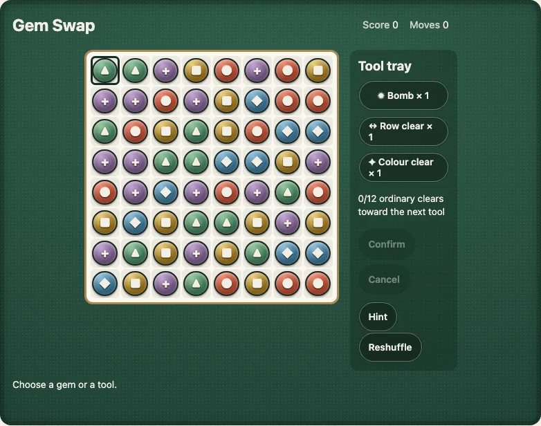 Gem Swap on a desk: an eight by eight board of gems in a wooden frame with the top-left gem selected, and the Tool tray beside it with Bomb × 1, Row clear × 1 and Colour clear × 1, the counter 0/12 ordinary clears toward the next tool, and the Confirm, Cancel, Hint and Reshuffle buttons