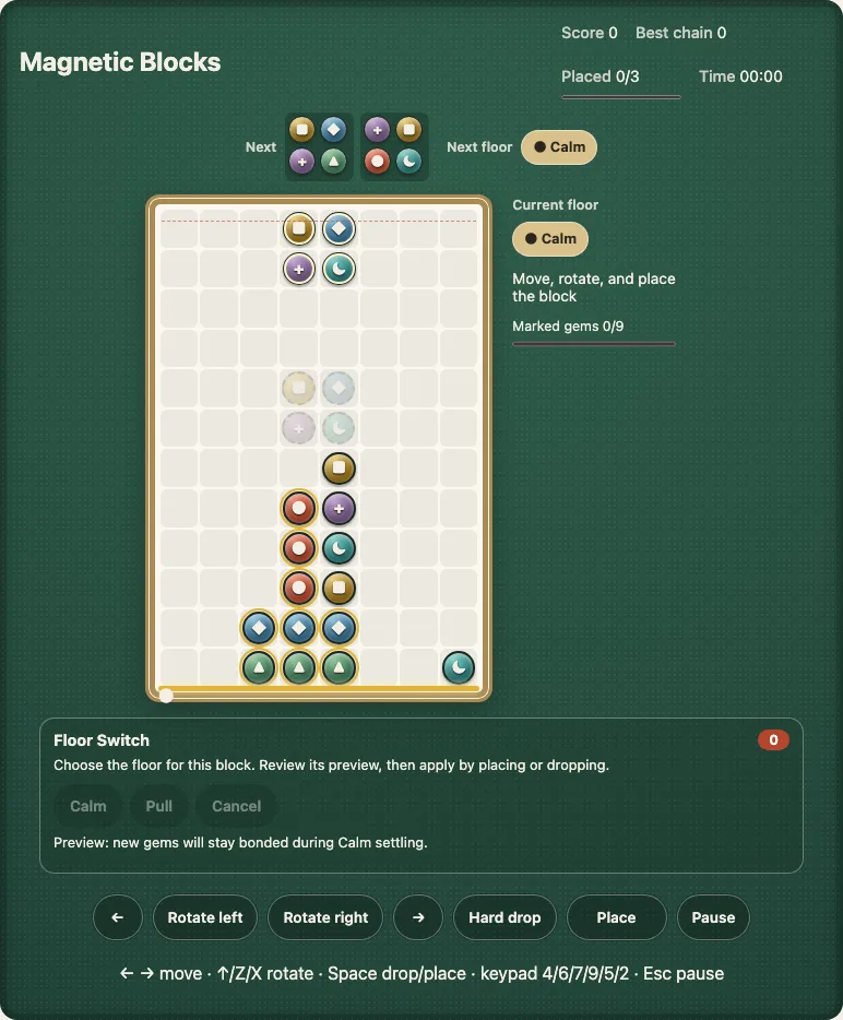 Magnetic Blocks, challenge 1, on a desk: a well with bonded two-by-two blocks of gems along the floor, a falling block at the top, the Next floor and Current floor chips showing Calm, the objective Marked gem 0/3, the Floor Switch panel with Calm, Pull and Cancel buttons, and the buttons for the arrows, Rotate left, Rotate right, Hard drop, Place and Pause
