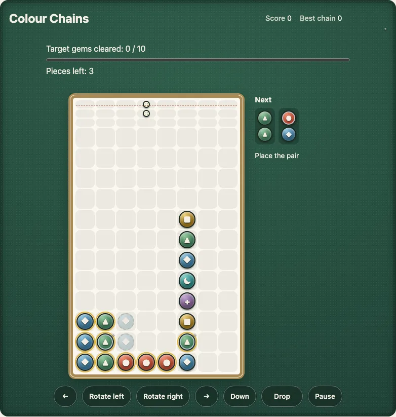 Shizen challenge 1 on a desk: a Colour Chains well with a few gems at the bottom and a pair at the top, the objective Target gems cleared 0 / 3 with a progress bar, Pieces left: 3, and the Next pair beside it