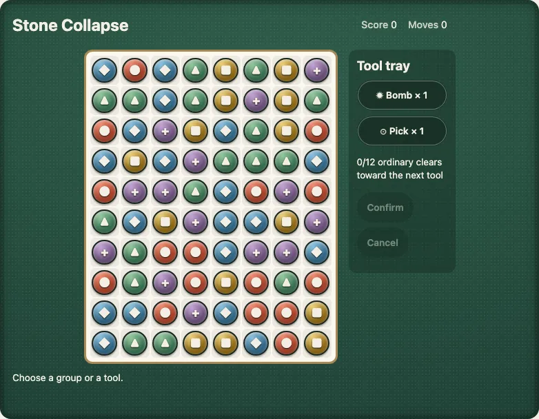 Stone Collapse on a desk: a board of gems in a wooden frame, ten rows of eight, and the Tool tray beside it with Bomb × 1 and Pick × 1, the counter 0/12 ordinary clears toward the next tool, and the Confirm and Cancel buttons, with the line Choose a group or a tool