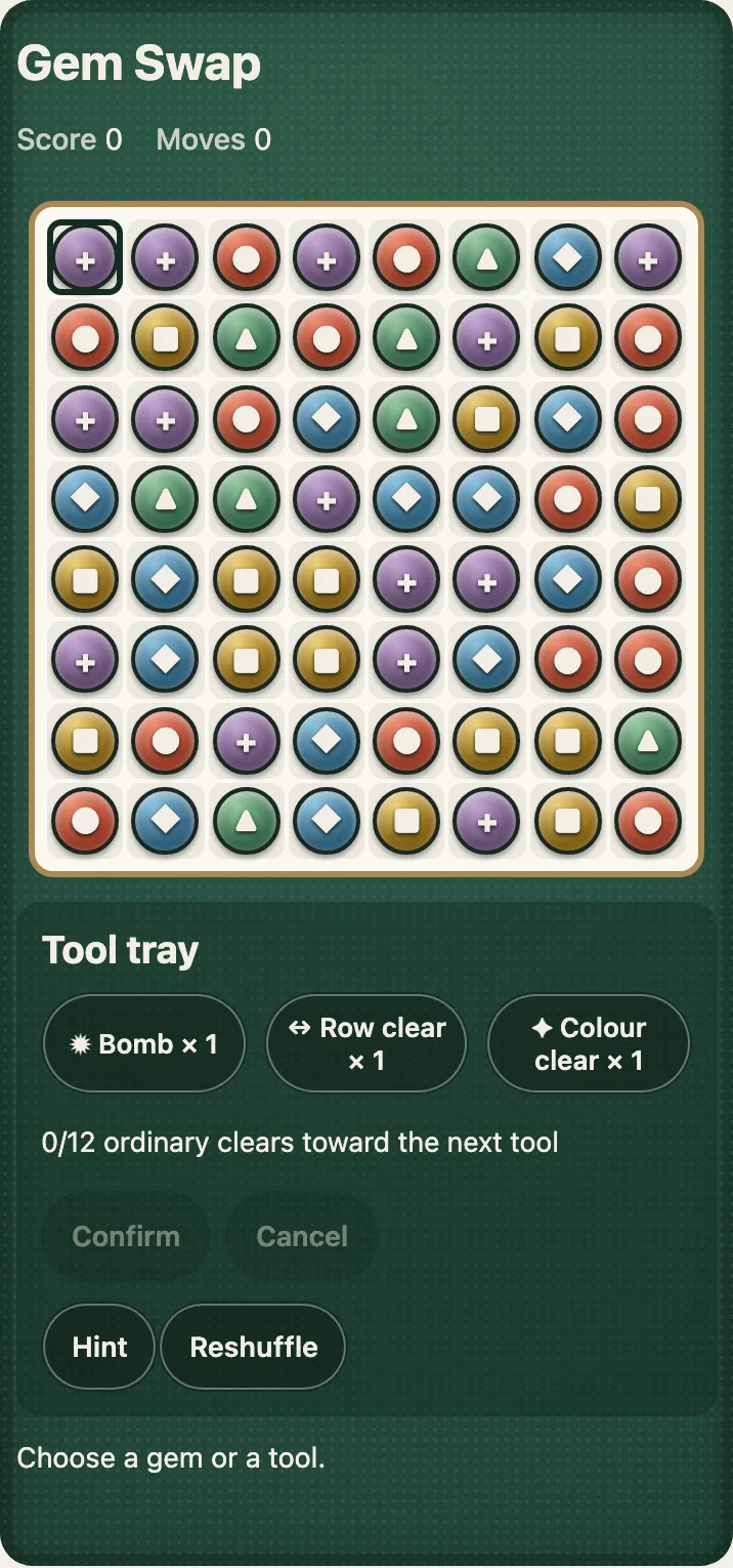 The Gem Swap board and its tool tray on a phone: an eight by eight board of gems with their symbols, and under it the Tool tray with the Bomb × 1, Row clear × 1 and Colour clear × 1 buttons, the counter 0/12 ordinary clears toward the next tool, the Confirm, Cancel, Hint and Reshuffle buttons and the line Choose a gem or a tool