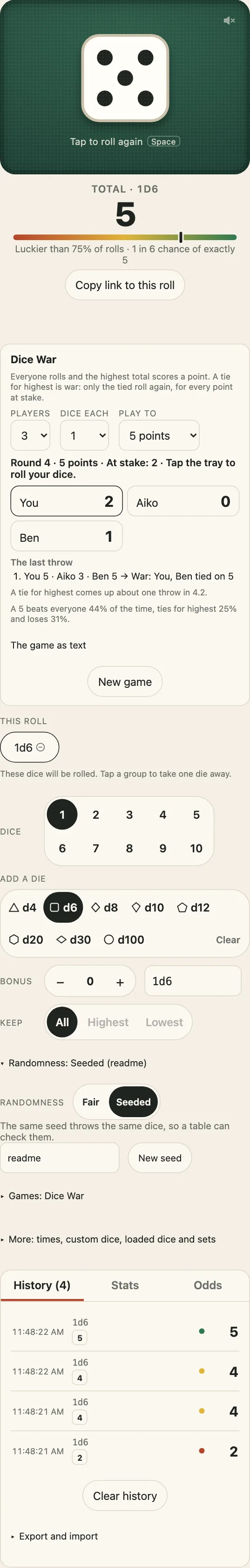 Dice War in the demo on a phone: you and two computers, the scores, the last throws with a war in them, and the odds of your roll under the felt