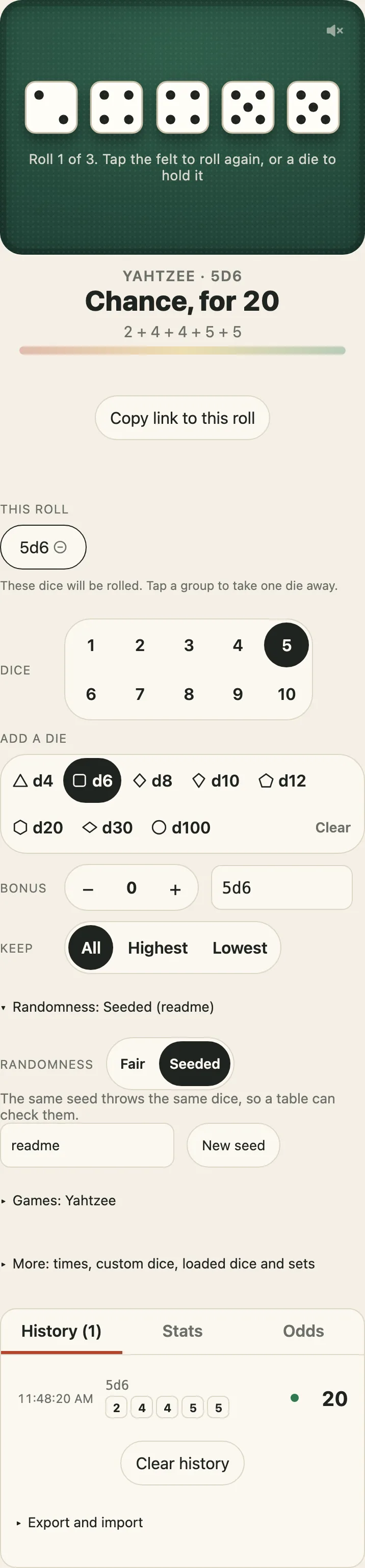 Yahtzee chosen in the demo on a phone: five d6 on the felt on roll 1 of 3, the line Tap the felt to roll again, or tap a die to hold it, the reading Chance, for 20 under Yahtzee, the Copy link button, and the choice of dice, the roll history and the stats tabs