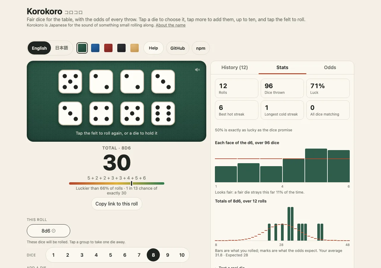 The demo on a desk, in English, with eight d6 on the green felt after twelve rolls: the page header with the language chooser, five cloth patches and the Help switch, the dice showing 1 to 6 on white faces, their total of 30 with a luck meter, and beside them the Stats tab with the rolls, luck and streaks, the count of each face and the totals drawn against the odds