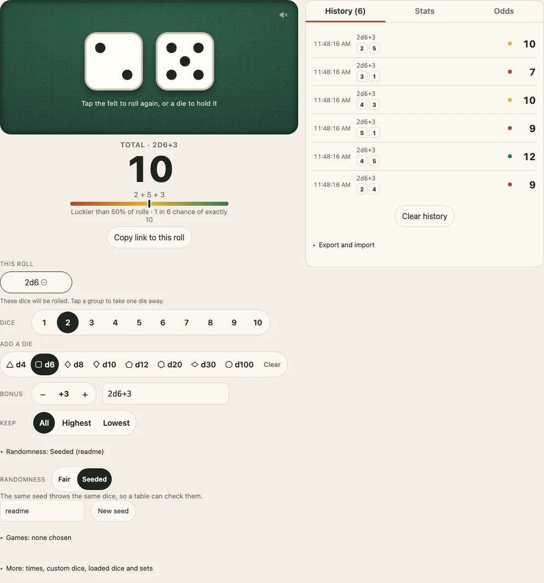 The History tab of the demo on a desk: two d6 plus 3 rolled six times, showing the latest roll 10 on the felt, and beside it a list of the six rolls with the time, the dice and each total, a Clear history button and the Export and import link