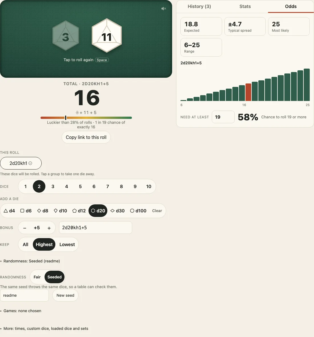 The Odds tab of the demo on a desk: two d20 with the higher kept and 5 added, rolled three times, showing 11 and 25 as the total on the felt, the total 16 with a luck meter, and beside it the odds of every total from 6 to 25 as a rising and falling bar chart, the expected 18.8, the spread and the chance of 15 or more