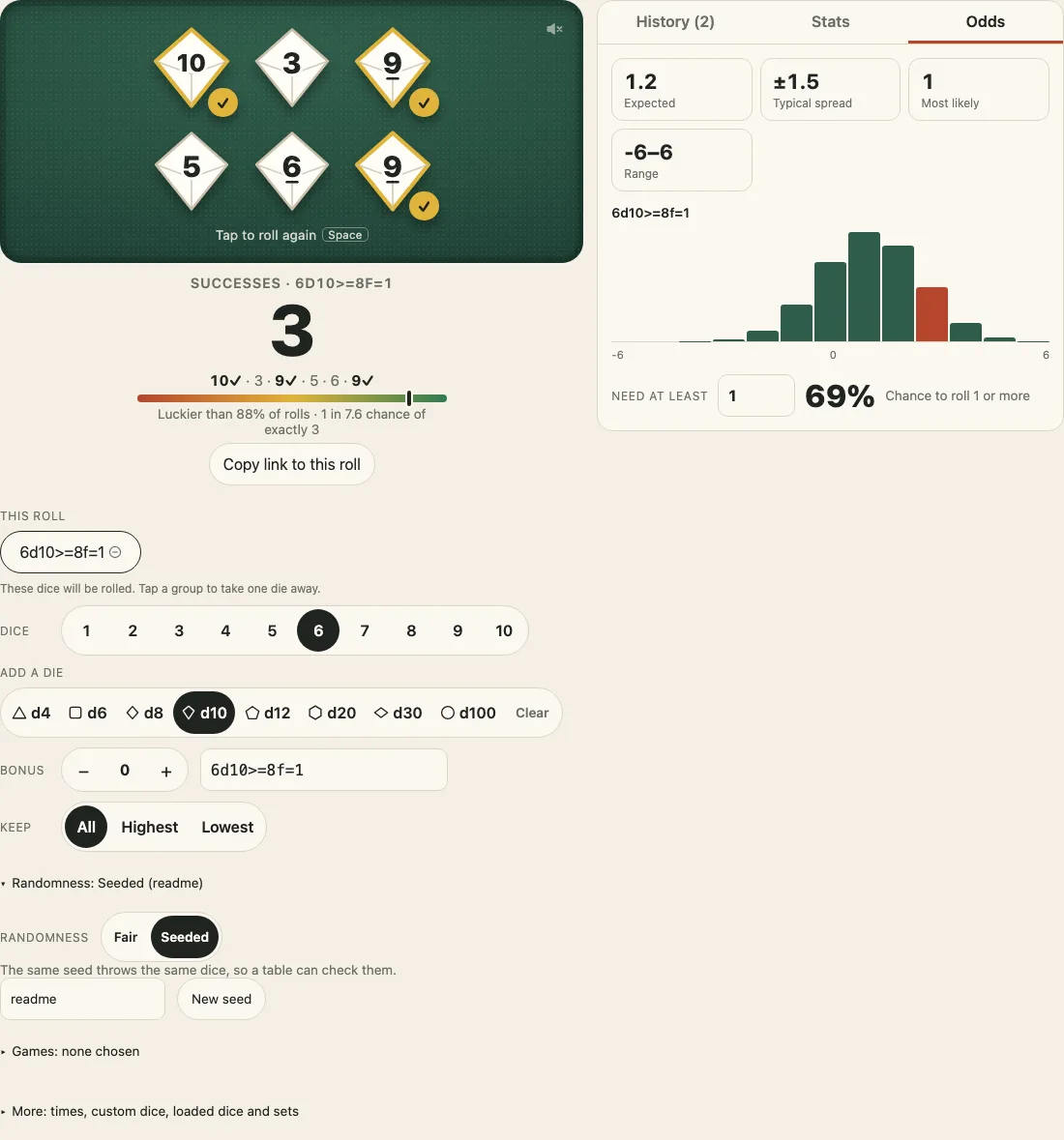 A dice pool in the demo on a desk: six d10 on the felt, three of them with a tick for a success because they show 8 or more, the result 3 successes, and beside it the odds chart for successes and the chance of at least 1