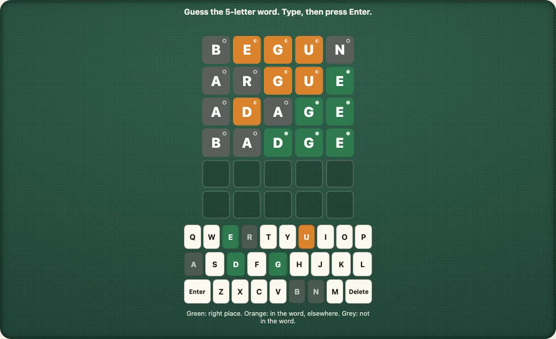 An English board of five-letter guesses: four rows marked green, orange and grey, each mark with its own shape in the corner of the cell, and the QWERTY keyboard below coloured by what the guesses showed.