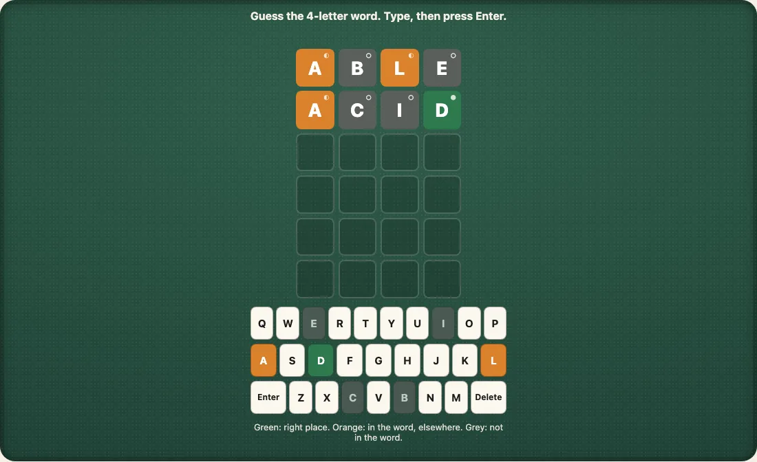 An English board of four-letter guesses, two rows marked, narrower than the five-letter board.