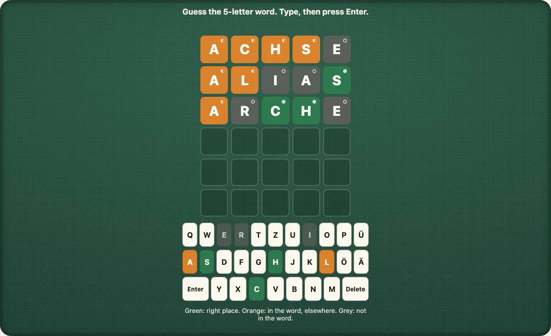 A German board of five-letter guesses with three rows marked, and the QWERTZ keyboard under it, with ä, ö and ü keys of their own.