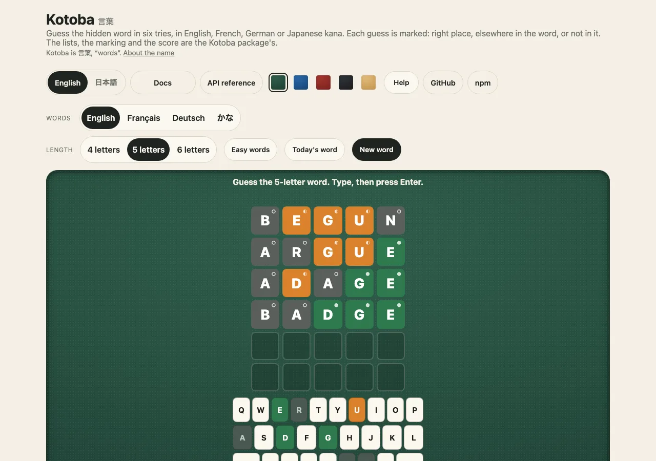 The demo on a desk, in English: the page's header with its language chooser, Docs link and cloth swatches, the words and length to choose, a grid of five-letter guesses marked green where the letter is right, orange where it is elsewhere and grey where it is not in the word, and the keyboard coloured by what the guesses showed.