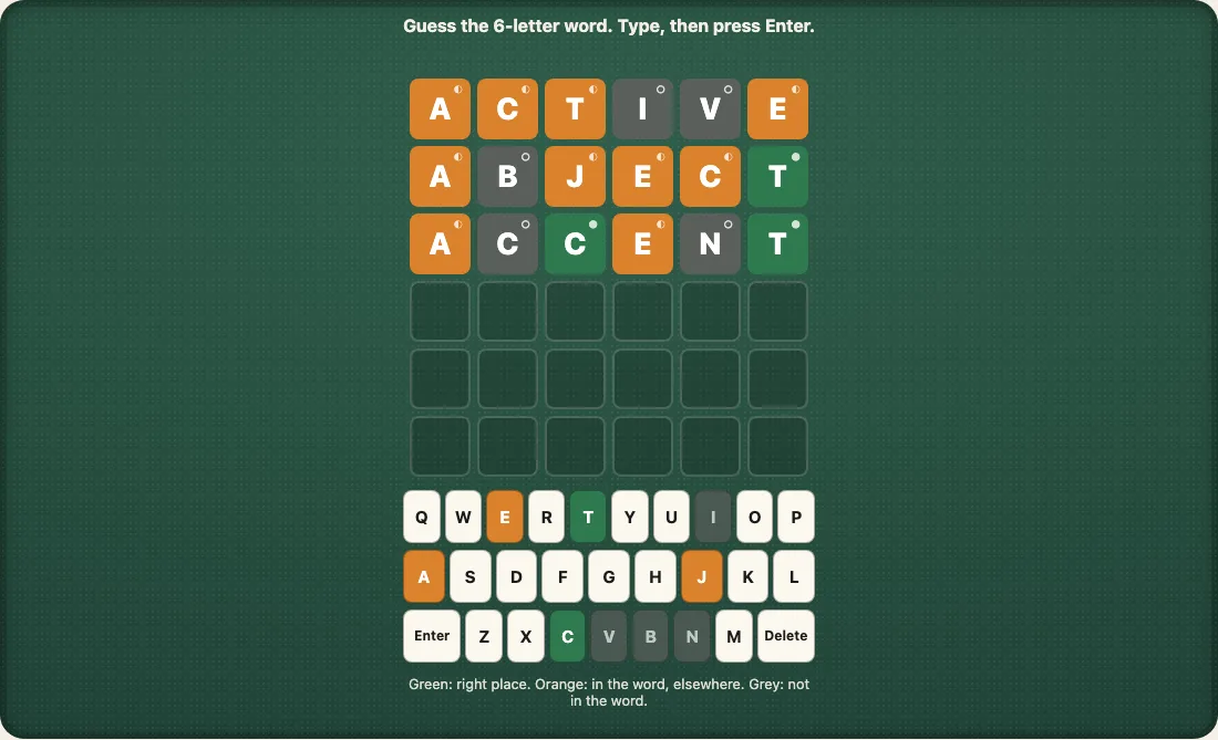 An English board of six-letter guesses, three rows marked; the grid is one cell wider than the five-letter board and the keyboard is unchanged.