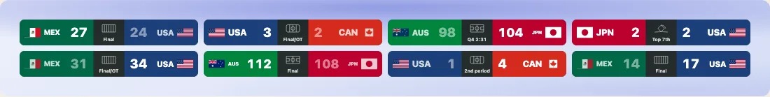 A list of eight score strips in the demo, on a midnight-blue background, each a team block with its country's flag, a short name and its score at each end, in the team's colour, and in the middle a small picture of the sport and the state of the game, such as Final, Final/OT and 2nd period.