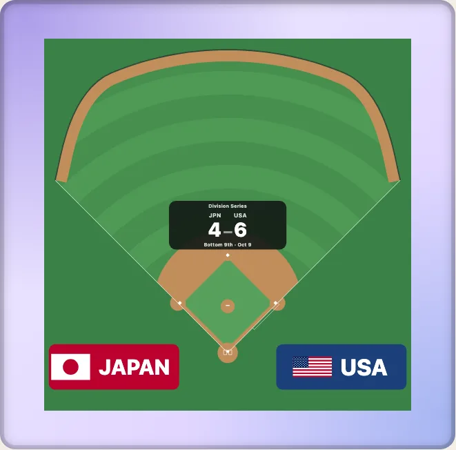The baseball field of Hanshin Koshien Stadium on a royal purple background, with the outfield fence drawn through its published distances, 95 metres at the lines and 118 metres in the alleys and the middle, with mown arcs on the grass, the warning track, the infield dirt, and a red and a navy panel in the foul ground at the bottom for the teams' dugouts, each with its country's flag, Japan's and the USA's.