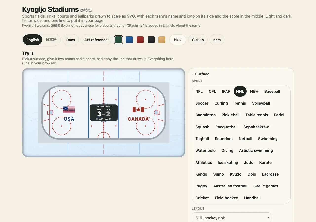 The demo on a desk, in English: the heading Kyogijo Stadiums with the language chooser, the Docs and API reference links, five cloth patches and the Help switch, and an NHL rink drawn wide on an ice-blue background of faint skate marks and rink lines, with a made-up game on it, the USA and its flag on the left, Canada and its flag on the right, and a panel of the score 3 to 2, Final/OT, in the middle. The controls on the right list the sports, from the NFL and the NHL to handball, and then the layout and the teams.