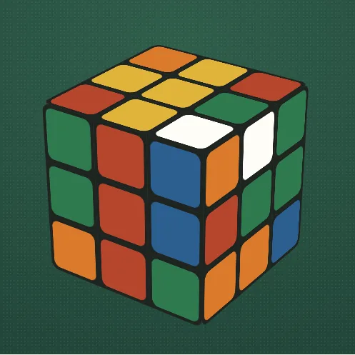A scrambled 3×3 cube drawn in CSS 3D on green felt, seen at a corner with the top, front and right faces showing, each sticker a rounded square of red, orange, yellow, green, blue or white.