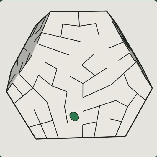 A maze over a dodecahedron, the twelve-sided die: walls drawn on each pentagonal face cut into five squares, and the start marked by a green disc.