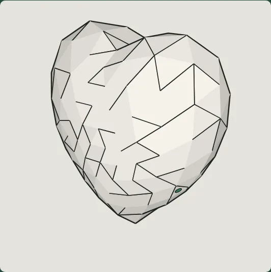 A maze over a heart, a rounded solid with a cleft at the top, with walls drawn over its surface and the start marked by a green disc.