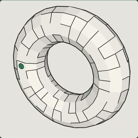 A maze over a torus, a doughnut: walls drawn round the ring and through its hole, and the start marked by a green disc.