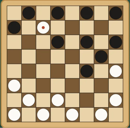 Checkers on an eight by eight board of dark and light squares: men of both colours in their camps after seven moves each, the pieces able to move marked.